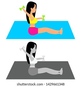 Beautiful of young girl doing exercises in the gym. Fit women doing exercises for stomach tightening with weights. Full of color and grayscale flat vector illustration.