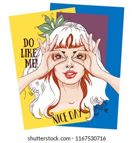 Beautiful young girl doing hand sign. Chellenge. Poster with the slogan: do like me! Hand drawn sketch. Vector illustration.