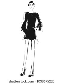 Beautiful young girl in the dress. Fashion model sketch drawing.