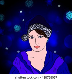 Beautiful young girl dressed in blue with funny cap on her hair on abstract background. Vector illustration.