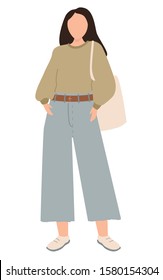 Beautiful young girl dressed in relaxed clothes. Woman dressed in trendy clothes, cullotes, sweatshirts, sweater, shopping bag. Isolate on a white background. Vector stock illustration