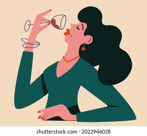 Beautiful young girl drinking wine. Woman with a glass goblet red wine. For cafes restaurants postcards and posters. Cartoon flat vector illustration isolated on white background.