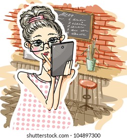 Beautiful young girl eating breakfast and using tablet computer. Vector illustration. Eps 8.