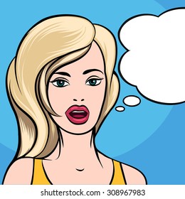 Beautiful young girl with empty speech bubble. Comic Pop Art Style.