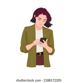 beautiful young girl enthusiastically communicates with someone on the phone. Porto vector illustration.