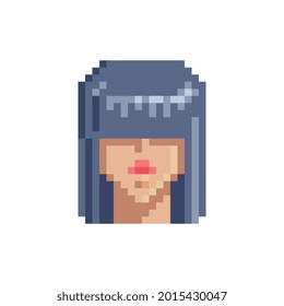 Beautiful young girl face female character. Pixel art. Flat style. Avatar, portrait, profile picture. Fashionable haircut. Hairdresser's logo. Game assets. 8-bit. Isolated vector illustration.