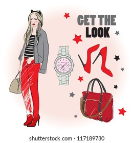 beautiful young girl and fashion accessories. vector illustration