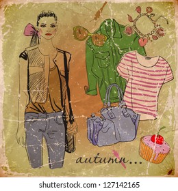 beautiful young girl and fashion accessories. vector illustration