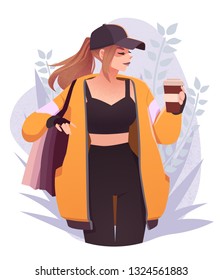 Beautiful Young Girl In Fashion Clothes With Shopping Bags And A Cup Of Coffee. Stylish Fashion Woman. Shopping Day Concept.