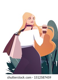 Beautiful Young Girl In Fashion Clothes With Shopping Bags And A Cup Of Coffee. Stylish Fashion Woman. Shopping Day Concept.