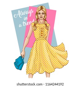 Beautiful young girl in fashionable yellow dress and with handbag. Yellow dress with pattern white polka. Pattern dot polka. Fashion model posing. Hand drawn sketch. Vector illustration.