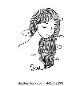 Beautiful young girl with fish in her hair. Hand drawing isolated objects on white background. Vector illustration. 