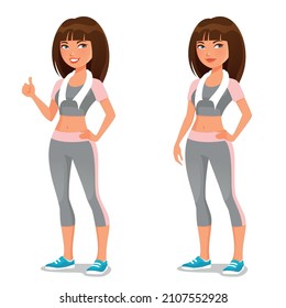 beautiful young girl in fitness clothing, cute cartoon character. Smiling young woman in gym wear, ready for her workout. Healthy lifestyle illustration.