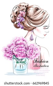 Beautiful young girl with flowers. Fashion woman with beautiful hairstyle. Sketch. Vector illustration.