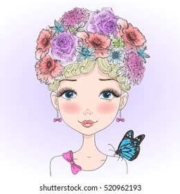 Beautiful young girl with flowers on her head. Vector illustration.