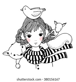 Beautiful young girl, fox, birds and squirrels. Hand drawn vector on a white background. Coloring book.