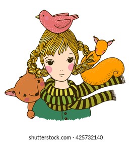 Beautiful young girl with a fox, a squirrel and a bird. Animals of the forest. Hand drawing isolated objects on white background. Vector illustration. 