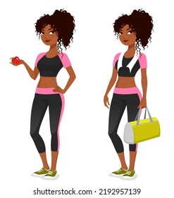 beautiful young girl in gym outfit, holding a yoga mat or an apple, cute cartoon character. African American woman, healthy lifestyle illustration. Isolated on white.