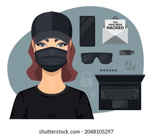 Beautiful Young Girl Hacker in Data Security Concept. You Have Been Hacked. Black Cap, Glasses, Mask, Laptop, Phone, Paper Clips, Flash Drive, Envelope, Password and Open Lock. Vector Illustration
