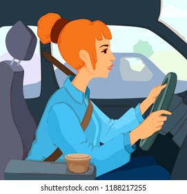 Beautiful young girl and hair bun hairstyle sitting behind the wheel car  looking forward  holding hands steering wheel  Woman driving  Vector cartoon colorful illustration and background 
