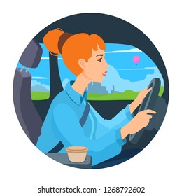 Beautiful young girl with hair bun hairstyle sitting behind the wheel of a car, looking forward, holding hands on steering wheel. Woman driving. Vector cartoon colorful illustration with background.