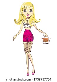 Beautiful young girl, hand drawn, art ,isolated on a white