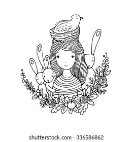 A beautiful young girl, hares, nest, birds and flowers. Hand drawn vector illustration.