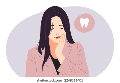 beautiful young girl has toothache. holding his cheek. sad expression. half body. tooth icon. concept of health, dental care, disease. vector flat colored illustration.