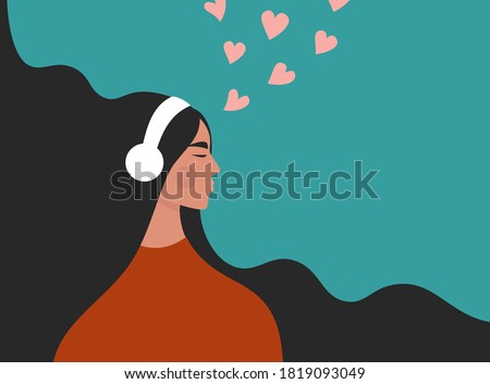 Beautiful young girl in headphones listening to music, radio, podcast or audio book. Melomaniac, music lover. Woman enjoying her favorite songs. Flat vector illustration with a female character