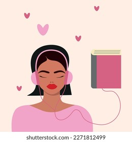 A beautiful young girl in headphones listens to an audiobook. The concept of audiobooks. A woman listens to books online, enjoys literature, studies. Audio worm. flat vector