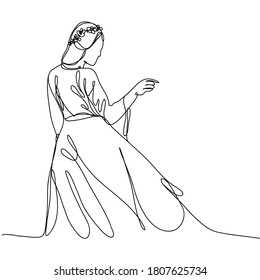 A beautiful young girl with her back to the viewer in a flowing dress and with flowers on her head. Drawing made with one continuous line