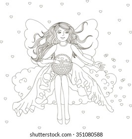 Beautiful young girl with her hair sitting on a cloud in the air dress and throws hearts.