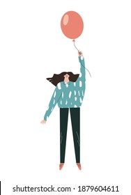 A beautiful young girl holding a balloon in her hands. Woman flies on a balloon. The concept of freedom, celebration, independence, flight. Flat vector illustration isolated on white background