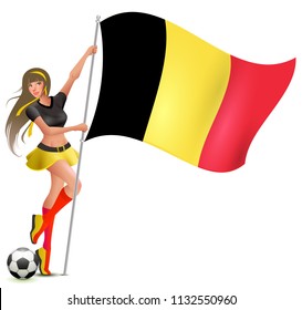 Beautiful young girl holding flag of belgium. Football soccer fan cheerleader. Isolated on white vector catoon illustration