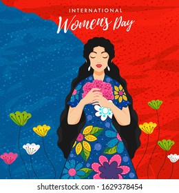 Beautiful Young Girl holding Flowers on Blue and Red Concrete Texture Background for International Women's Day Concept.