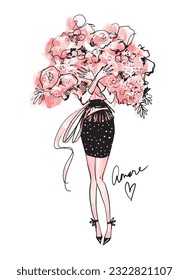 A beautiful young girl with a huge bouquet of peonies or roses. Modern sketch engagement card, March 8, mother's day, birthday present. Vintage vector illustration isolated on white.