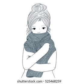 Beautiful young girl hugging her French scolded himself during the winter. She may not have a fever due to climate change by snow