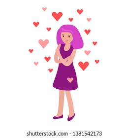 Beautiful young girl hugging myself. Love yourself concept. Hearts around. Vector illustration