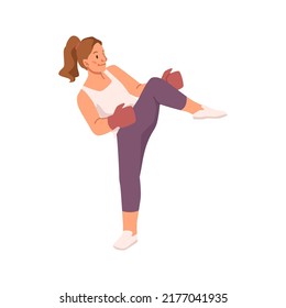 Beautiful young girl kicking with leg isolated flat cartoon character doing boxing exercises. Vector cute female boxer wearing red boxing gloves holding her fists in defensive position