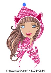 Beautiful young girl in knitted mittens and hood with ears