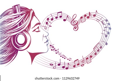 beautiful young girl listening to music on headphones, musical notes love music, hand drawn vector illustration sketch