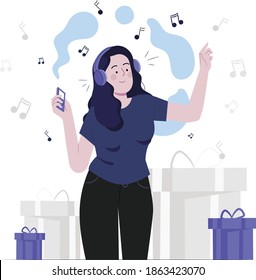 Beautiful young girl listening music and smiling. Melomaniac, music lover, fan. Woman enjoying songs in headset via smartphone, Flat vector illustration 