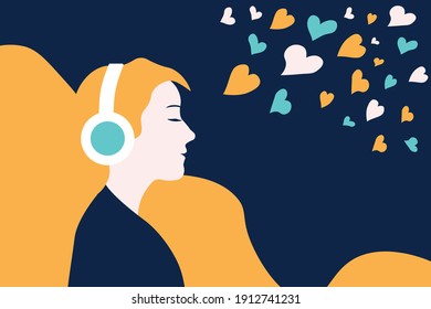 Beautiful young girl LISTENING to podcast, music, radio, audio book. Using HEADPHONES, enjoying her favourite playlist. Flat VECTOR concept illustration. EPS10.