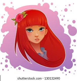 Beautiful young girl with long hair and ribbon with flower portrait in realistic cartoon style drawing