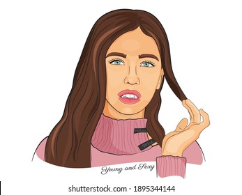 Beautiful young girl with long hair, vector portrait. Fashion illustration.