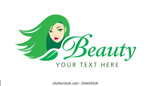 Beautiful young girl with long hair and lovely face. Eco logo template. Vector illustration.