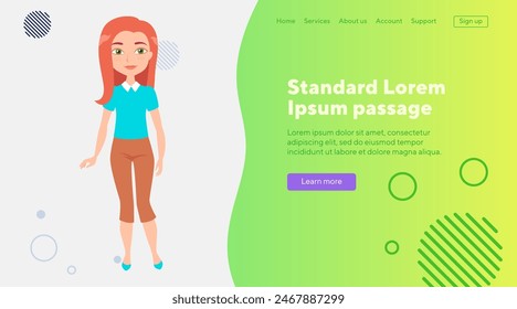 Beautiful young girl with long red hair. Female teenager in T-shirt and breeches. Vector illustration Woman, beauty, fashion concept for banner, website design, landing page