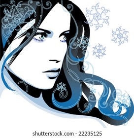 Beautiful young girl with long thick hair. Winter background with snowflakes