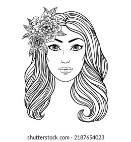 Beautiful young girl with long wavy hair and roses, vector linen illustration on white background. Coloring book page, tattoo, poster, beauty salon design.