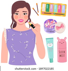 Beautiful young girl makes look and does makeup, looks after beauty and paints lips isolated on white. Makeup cosmetics tools and Korean cosmetics. Beauty products collection for skin care and health
